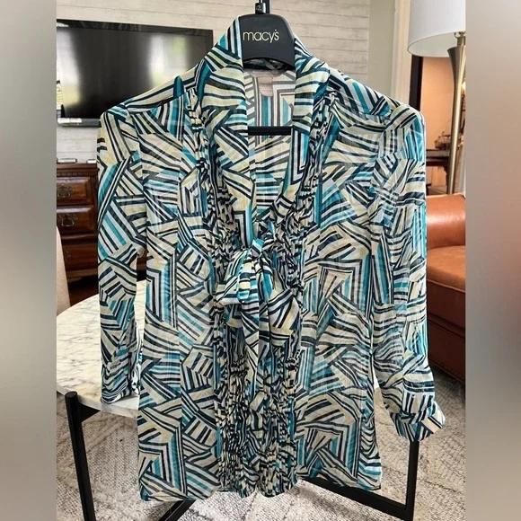 Banana Republic blue yellow navy stripe geo print tie blouse shirt top business - Picture 10 of 10